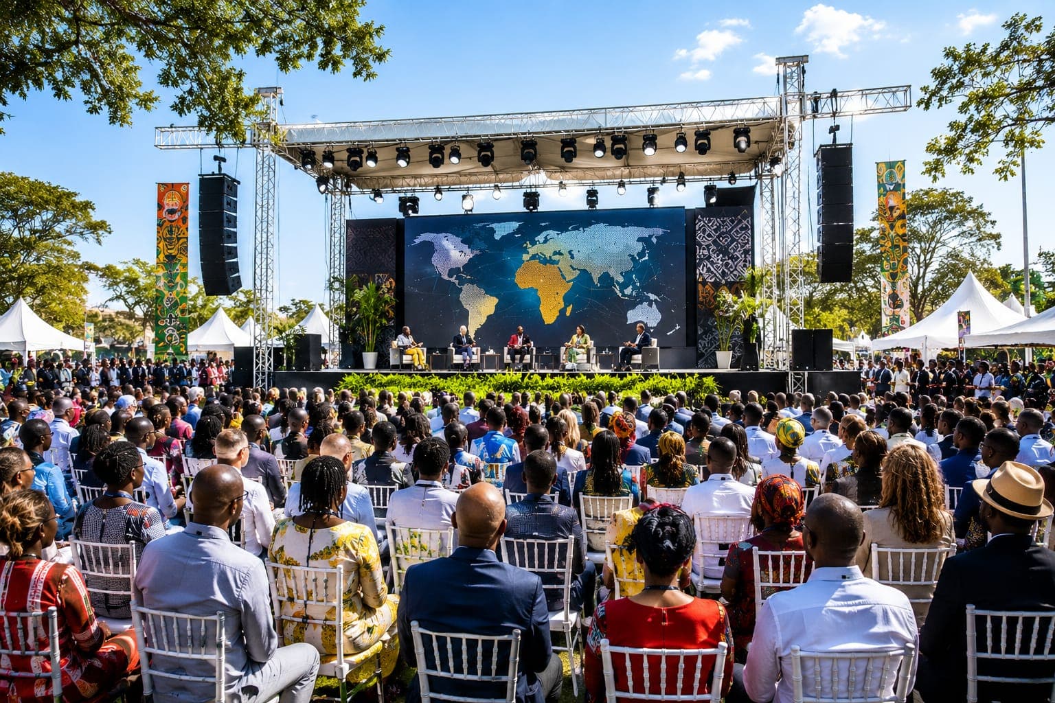 Forum international Synergia : un public nombreux face à la scène et à une carte du monde